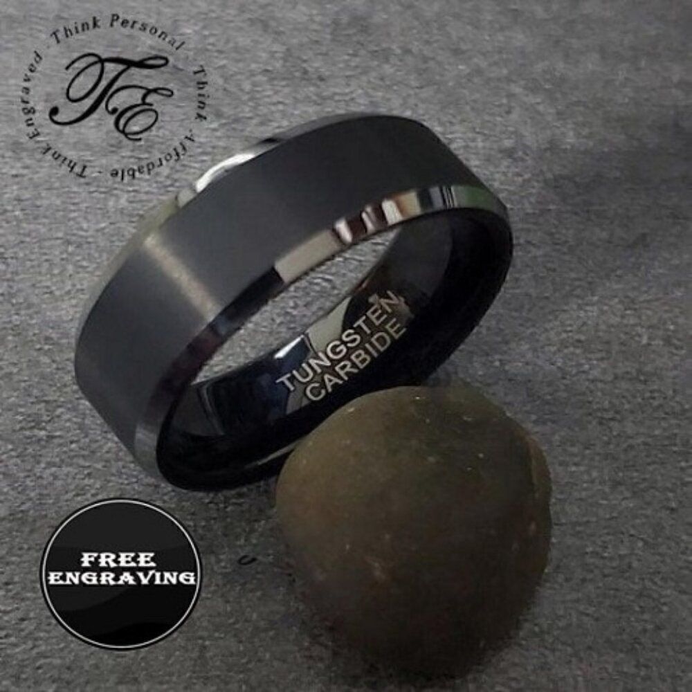 Personalized Men's Black and silver Tungsten Wedding Ring Band - Silver Edges